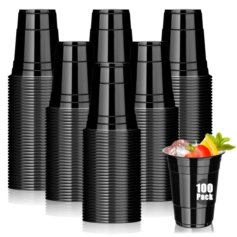 Dualshine 100 Pack Black Plastic Cups 16 oz Disposable Cups for Party Heavy Duty Drinking Cups Halloween Cup for Wedding Birthday Beer Taste Serving Snack Sample Tastings Barbecues Picnic - Image 3