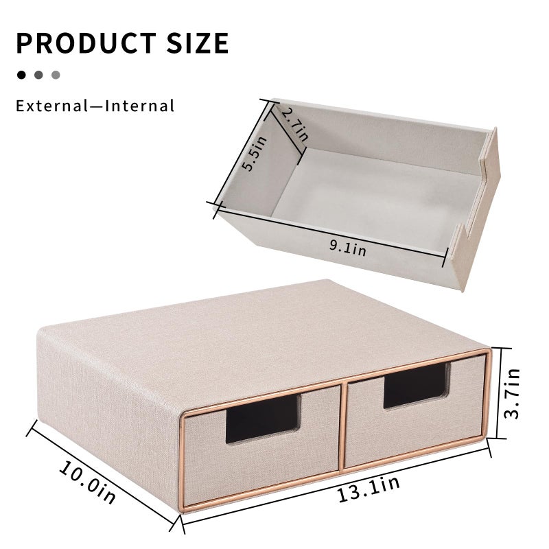 RHCSZ Linen Leather Desk Organizer with Drawersï¼Mini Desktop Drawer Organizer Stackableï¼Multifunctional Tabletop Organization Storage Box for Office Supplies Home Vanity Toiletries (Beige, 2-drawers) - Image 3