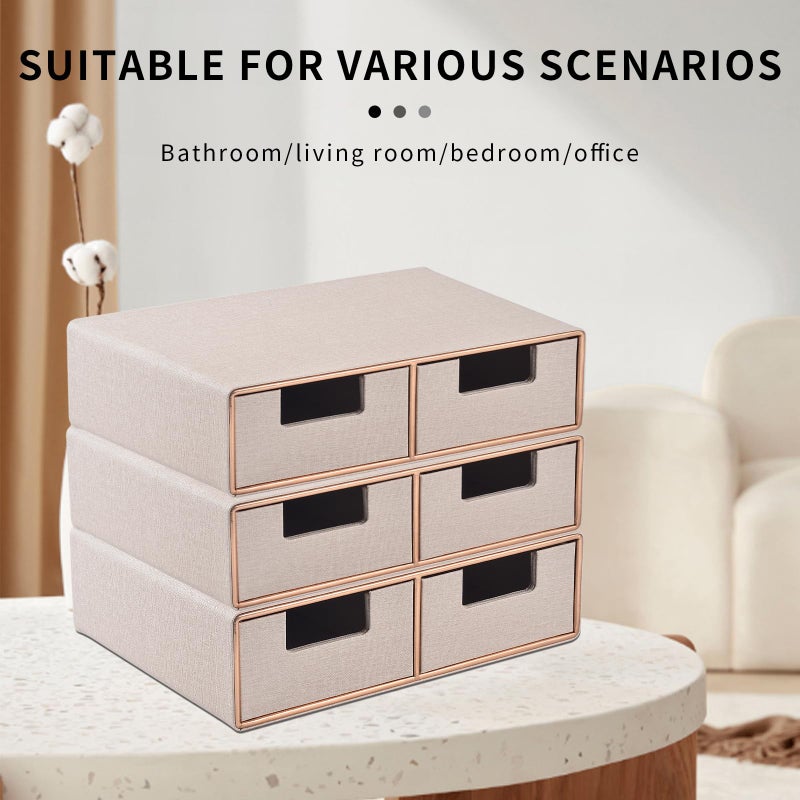 RHCSZ Linen Leather Desk Organizer with Drawersï¼Mini Desktop Drawer Organizer Stackableï¼Multifunctional Tabletop Organization Storage Box for Office Supplies Home Vanity Toiletries (Beige, 2-drawers) - Image 4