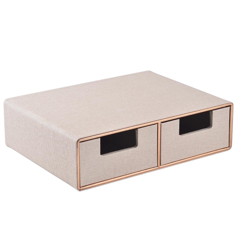 RHCSZ Linen Leather Desk Organizer with Drawersï¼Mini Desktop Drawer Organizer Stackableï¼Multifunctional Tabletop Organization Storage Box for Office Supplies Home Vanity Toiletries (Beige, 2-drawers) - Image 1