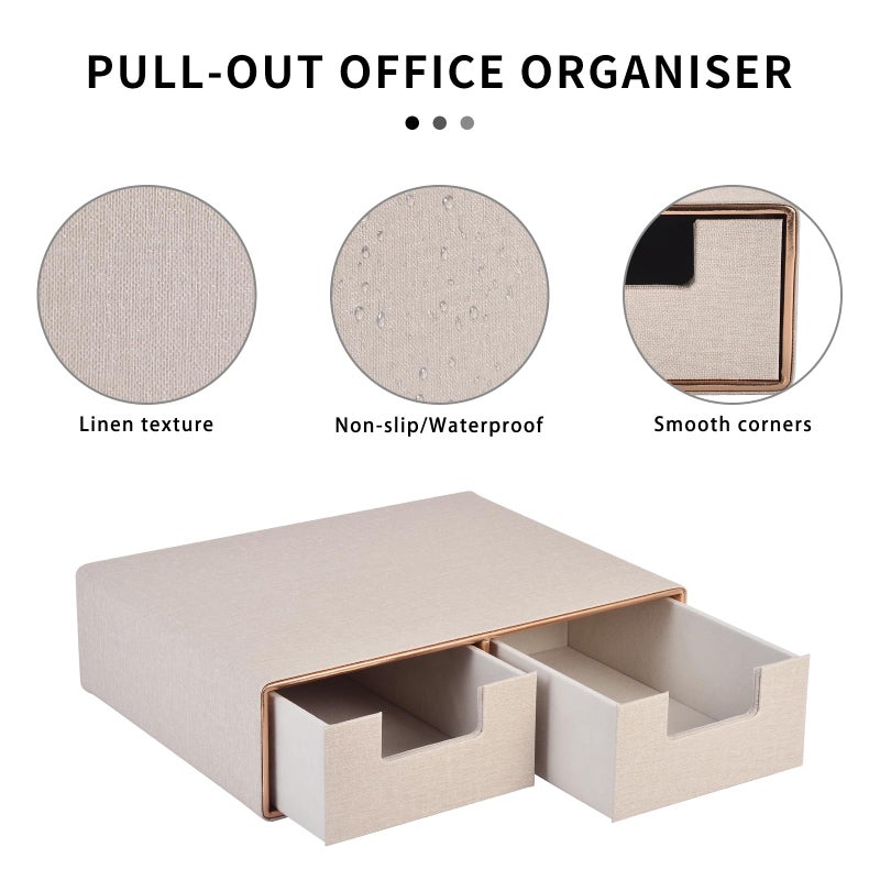 RHCSZ Linen Leather Desk Organizer with Drawersï¼Mini Desktop Drawer Organizer Stackableï¼Multifunctional Tabletop Organization Storage Box for Office Supplies Home Vanity Toiletries (Beige, 2-drawers) - Image 5