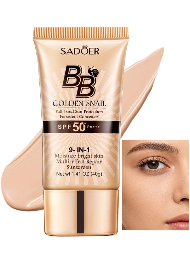 SADOER BB Golden Snail Cream, 9 In 1 BB Cream Sunscreen SPF 50 PA+++, Tinted Moisturizer With Full Coverage Concealer, Waterproof Sweatproof, Foundation Full Coverage Tinted Moisturizer, Facial Concealer For Oily Skin, Dry Skin (Natural Color) - Image 1