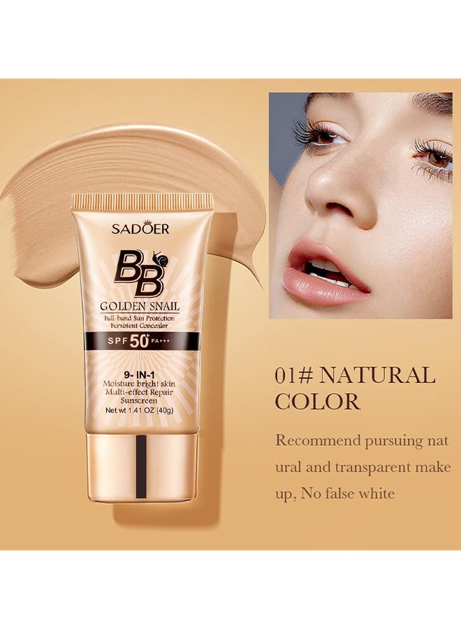 SADOER BB Golden Snail Cream, 9 In 1 BB Cream Sunscreen SPF 50 PA+++, Tinted Moisturizer With Full Coverage Concealer, Waterproof Sweatproof, Foundation Full Coverage Tinted Moisturizer, Facial Concealer For Oily Skin, Dry Skin (Natural Color) - Image 2