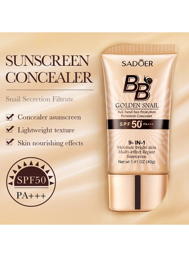 SADOER BB Golden Snail Cream, 9 In 1 BB Cream Sunscreen SPF 50 PA+++, Tinted Moisturizer With Full Coverage Concealer, Waterproof Sweatproof, Foundation Full Coverage Tinted Moisturizer, Facial Concealer For Oily Skin, Dry Skin (Natural Color) - Image 3
