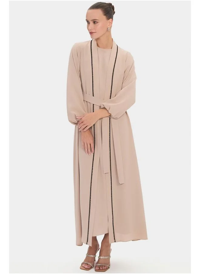 جون June Women Stone Detailed Balloon Sleeve Abaya Beige