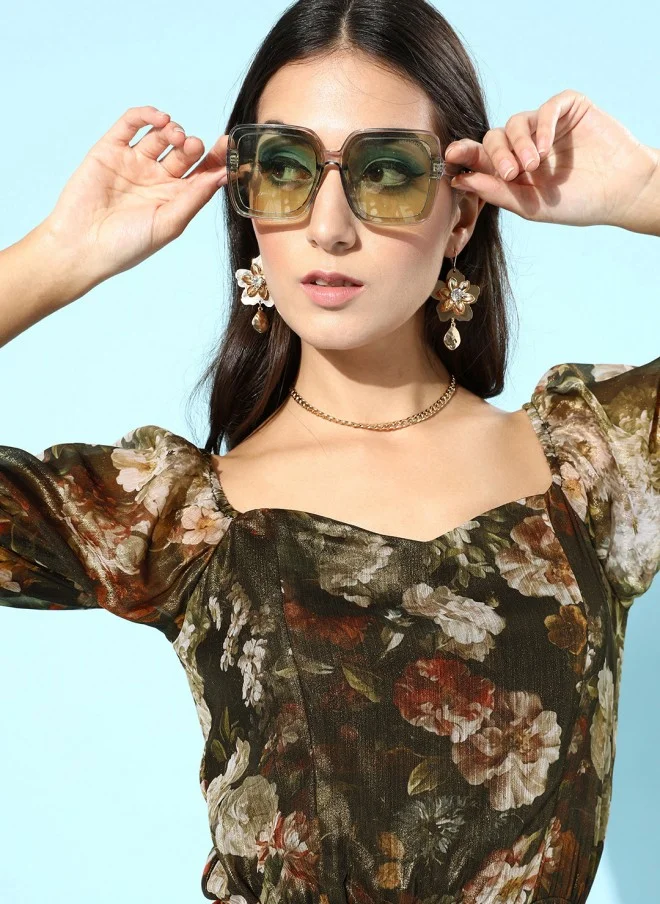 SASSAFRAS Gorgeous Green Floral Top for Women