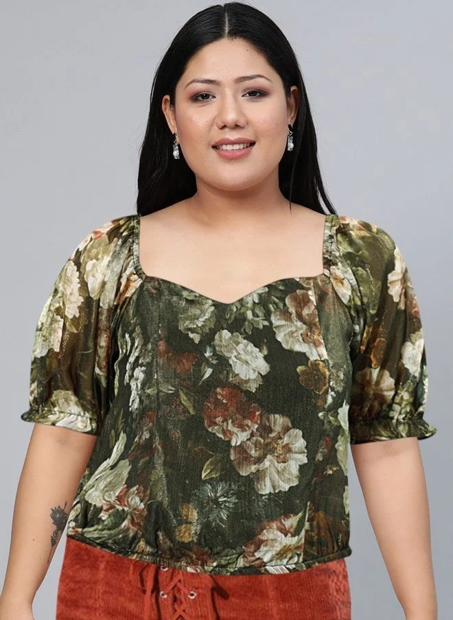 SASSAFRAS Gorgeous Green Floral Top for Women