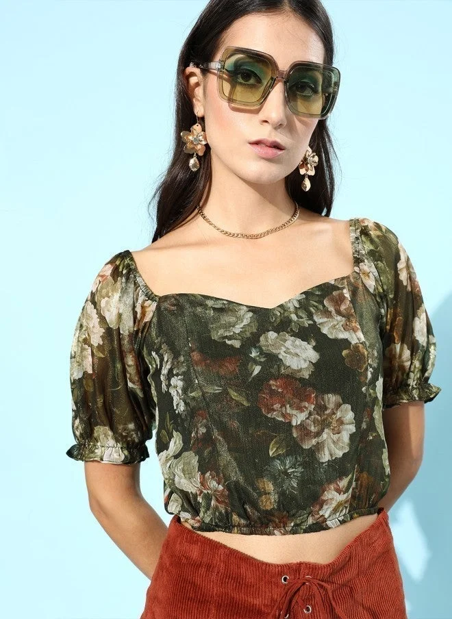SASSAFRAS Gorgeous Green Floral Top for Women