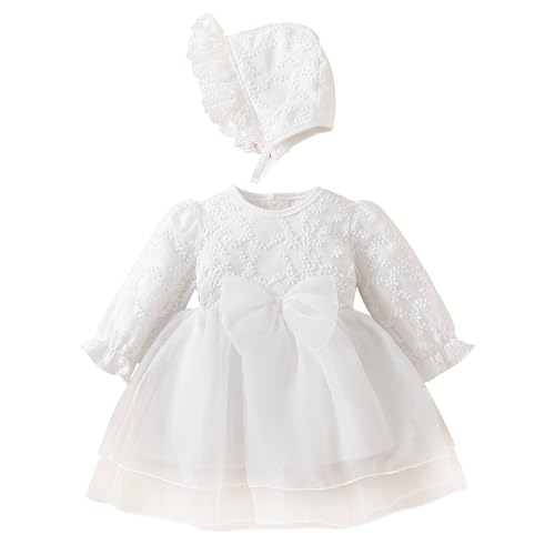 TENTIDE Newborn Baby Girl Christening Dress White Baptism Lace Long Sleeve Fall Wedding Dresses with Bonnet OutfitWhiteTulle 36 Months - Image 1