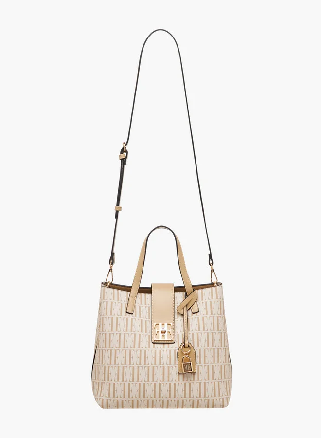 ELLE Monogram Print Tote Bag with Double Handle and Twist Lock Closure