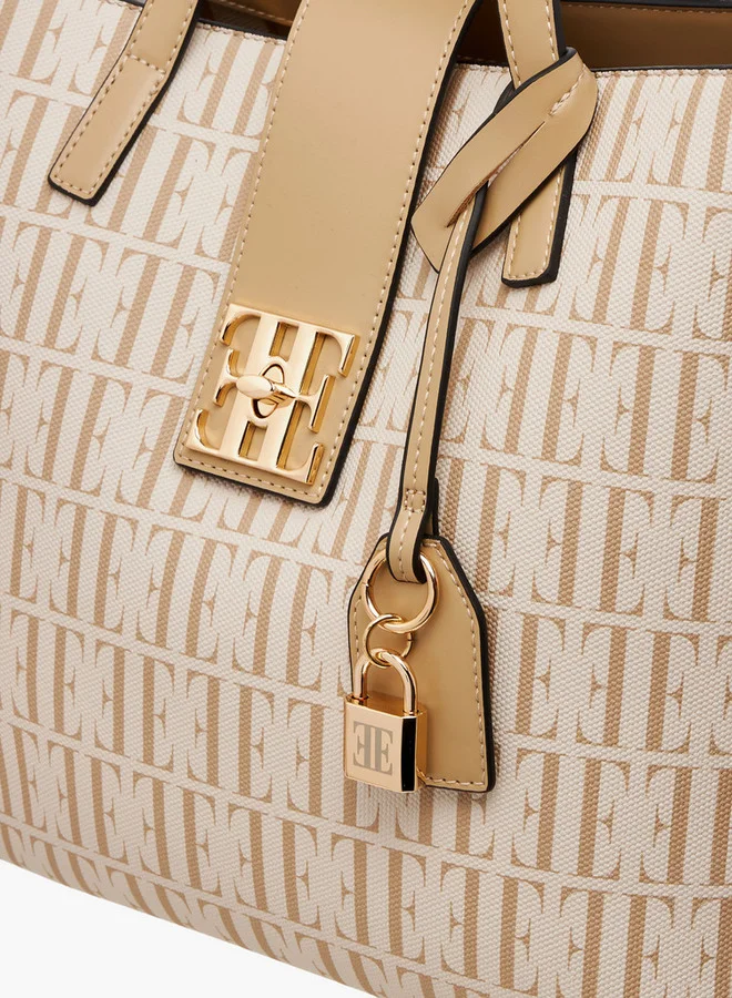 ELLE Monogram Print Tote Bag with Double Handle and Twist Lock Closure