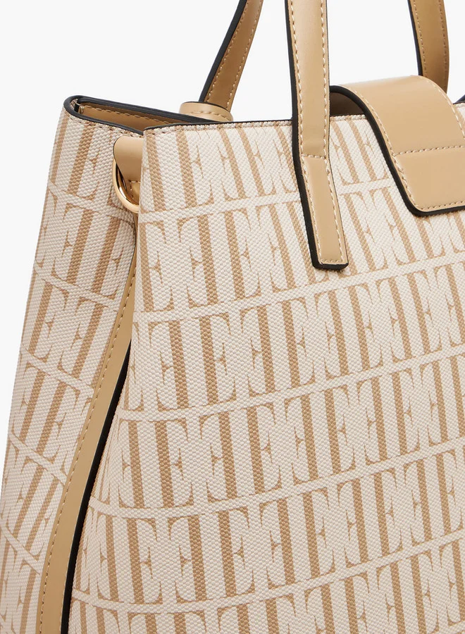 ELLE Monogram Print Tote Bag with Double Handle and Twist Lock Closure