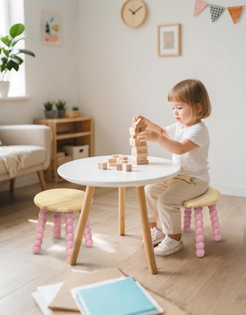 Masupu Solid Wooden Step Stool for Adults Kids, 11 inch Small Foot Stool, Non-Slip One Step Stool, Sturdy Foot Stool for Bathroom, Bedroom, Kichen, Plant Stand(Natural and Pink) - Image 4