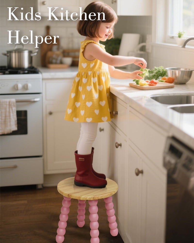 Masupu Solid Wooden Step Stool for Adults Kids, 11 inch Small Foot Stool, Non-Slip One Step Stool, Sturdy Foot Stool for Bathroom, Bedroom, Kichen, Plant Stand(Natural and Pink) - Image 3
