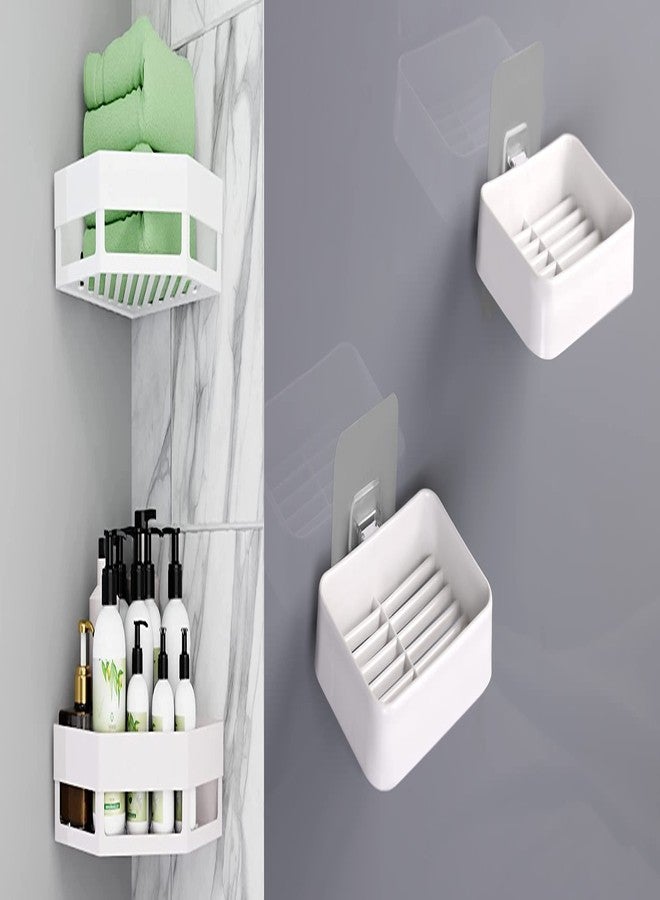 Praha Plastic Multipurpose Kitchen Bathroom Shelf Wall Holder Storage Rack Organizer Strong Adhesive Sticker for Shampoo and Conditioner (2 Corner Shelves + 2 Soap Dish - White (A)) - Image 1