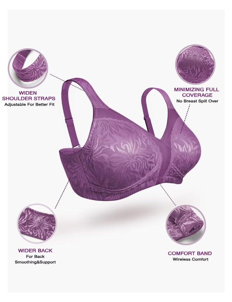 Deyllo Women's Full Coverage Plus Size Comfort Minimizer Bra Wirefree Non Padded(Purple,44G) - Image 5