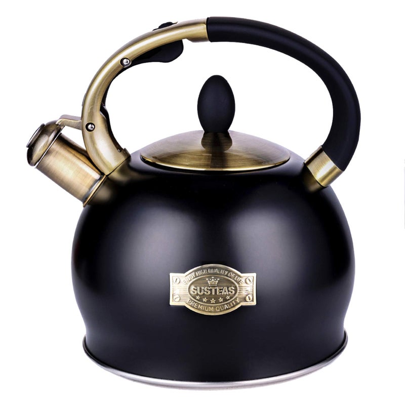 SUSTEAS Stove Top Whistling Tea KettleSurgical Stainless Steel Teakettle Teapot with Cool Touch Ergonomic Handle with 1 Silicone Pinch Mitt Included3L Black