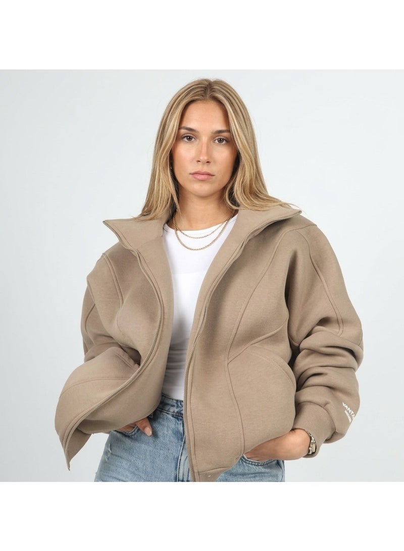 Women’s Camel Zip-Up Jacket, Casual Stand Collar Jacket with Side Pockets, Ribbed Cuffs & Hem, Everyday Outerwear. One Size - Image 2