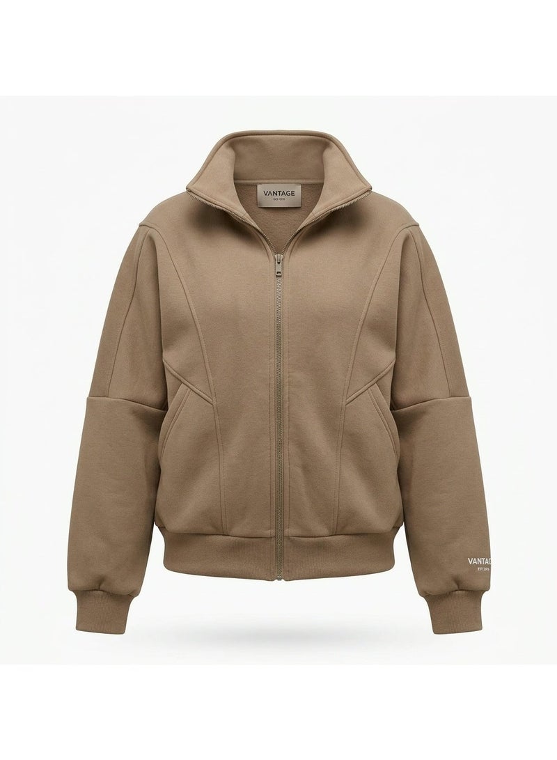 Women’s Camel Zip-Up Jacket, Casual Stand Collar Jacket with Side Pockets, Ribbed Cuffs & Hem, Everyday Outerwear. One Size - Image 3