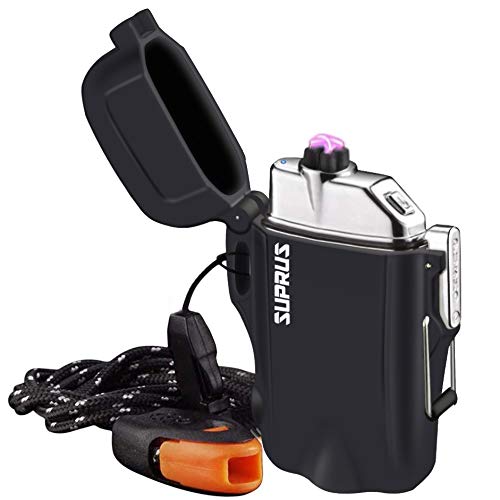 SUPRUS Waterproof 3 Modes of Flashlight Windproof Lighter Dual Arc Electric Rechargeable Dual Arc Plasma Lighters with Survival Emergency Whistle and Lanyard - Image 1