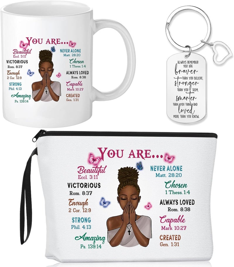 Reginary Reginary 3 Pcs Christian Gifts for African American Women Bible Verse Makeup Bag Christian Pencil Pouch 11 oz Religious Coffee Mug Inspirational Keychain Faith Based You Are Loved Gifts