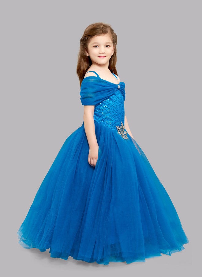 PinkChick Blue Off-Shoulder Sequinned Gown for Girls - Image 3