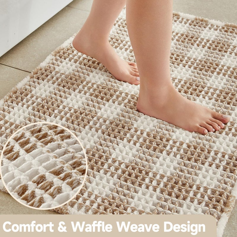 TYUU Waffle Bath Mat, Boho Bathroom Rugs Non Slip Washable Absorbent Checkered Bathroom Mat Quick Dry Farmhouse Bathroom Decor, 30"x20" Khaki and White - Image 3