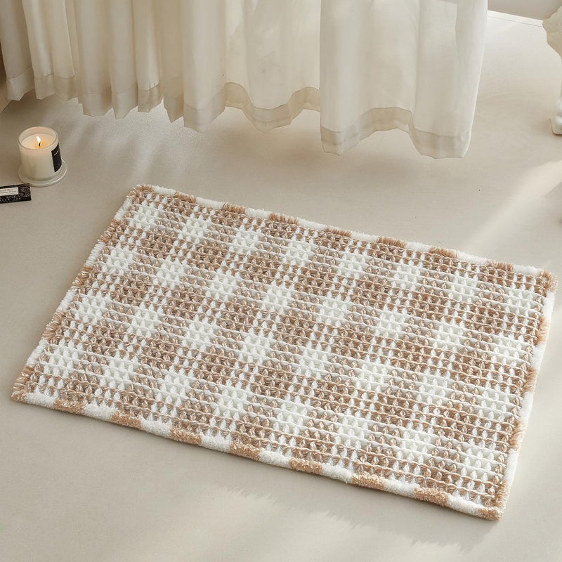 TYUU Waffle Bath Mat, Boho Bathroom Rugs Non Slip Washable Absorbent Checkered Bathroom Mat Quick Dry Farmhouse Bathroom Decor, 30"x20" Khaki and White - Image 1