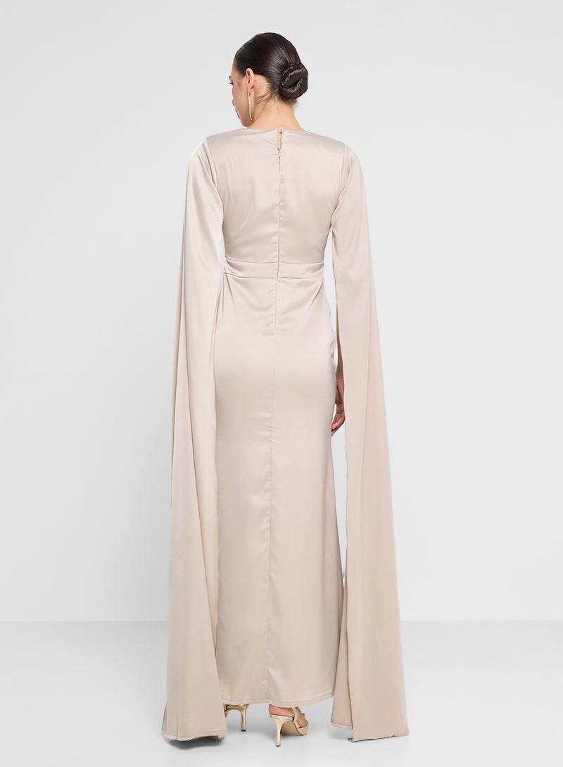 FYOR Dramatic Beige Maxi Dress with Extra-Long Flowing Sleeves - Image 2