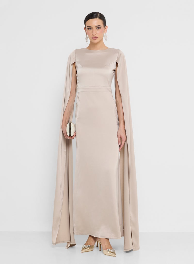 FYOR Dramatic Beige Maxi Dress with Extra-Long Flowing Sleeves - Image 4