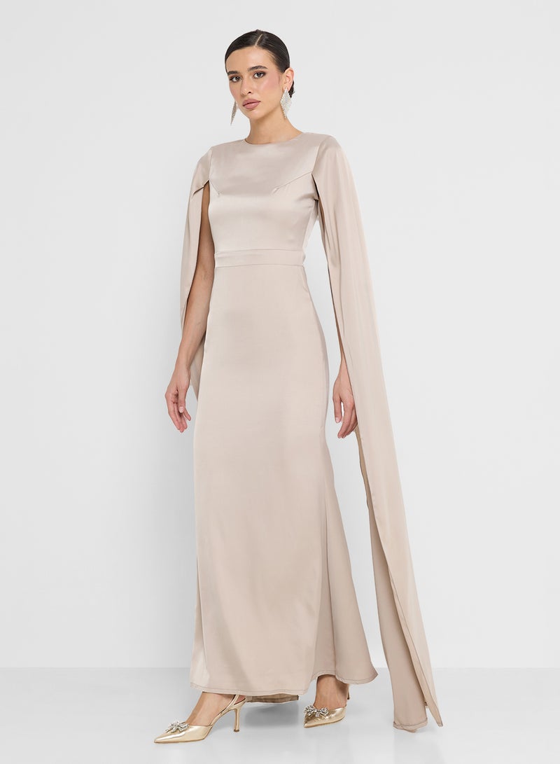 FYOR Dramatic Beige Maxi Dress with Extra-Long Flowing Sleeves - Image 1