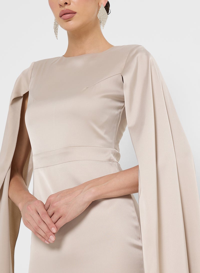 FYOR Dramatic Beige Maxi Dress with Extra-Long Flowing Sleeves - Image 3