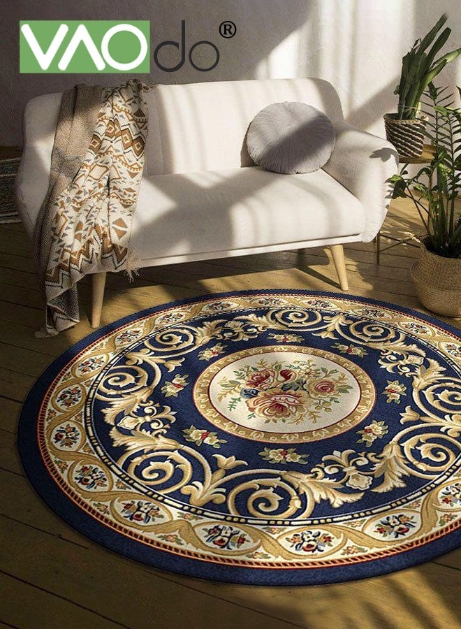 فاو دو سجادة دائرية بزخارف نباتية جميلة، سجادة دائرية منخفضة الوبر ومقاومة للانزلاق، سجادة دائرية بزخارف نباتية عتيقة لغرفة النوم وغرفة المعيشة وغرفة الدراسة 140*140 سم - Image 1