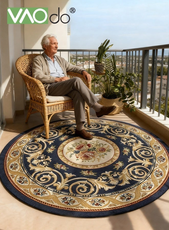 فاو دو سجادة دائرية بزخارف نباتية جميلة، سجادة دائرية منخفضة الوبر ومقاومة للانزلاق، سجادة دائرية بزخارف نباتية عتيقة لغرفة النوم وغرفة المعيشة وغرفة الدراسة 140*140 سم - Image 2