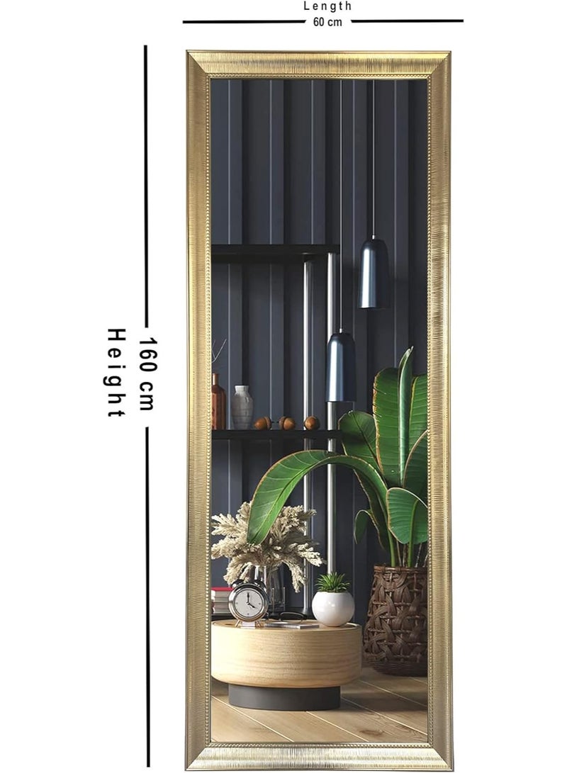 مرآة بطول كامل 160 سم × 60 سم مع حامل - يمكن وضعها على الأرض أو تعليقها أو إسنادها على الحائط، مرآة مستطيلة الشكل لغرفة النوم، إطار PVC يُثبت على الحائط - ذهبي - Image 2
