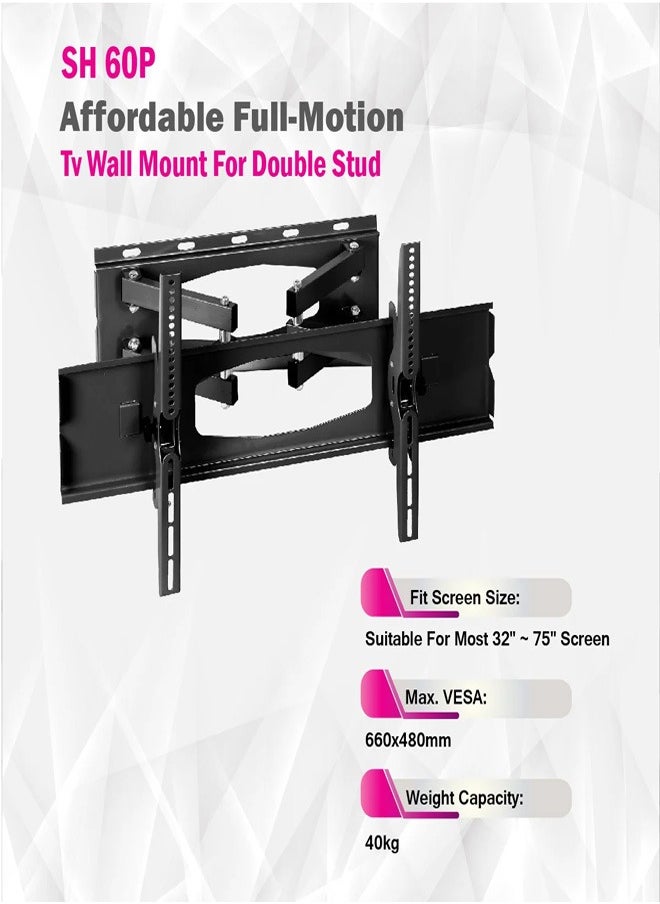 Skill Tech SH 60P Swivel TV Wall Mount Bracket for 32"-75" LED LCD Screens, VESA 600x400, Extendable Arm 120–520mm, 40kg Load Capacity – Black  - Image 3