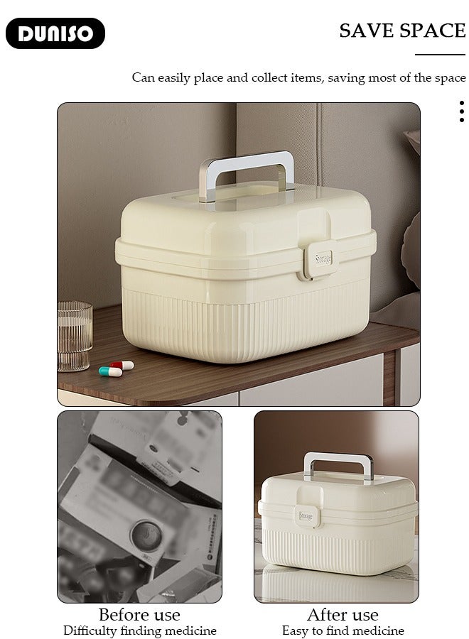 DUNISO Family Medicine Storage Box Container, 2 Layers First Aid Box Organizer with Locking Lid Handle, Multipurpose Durable Craft Tool Case Plastic Professional Emergency Bin for Home Travel Car Camping Office - Image 2