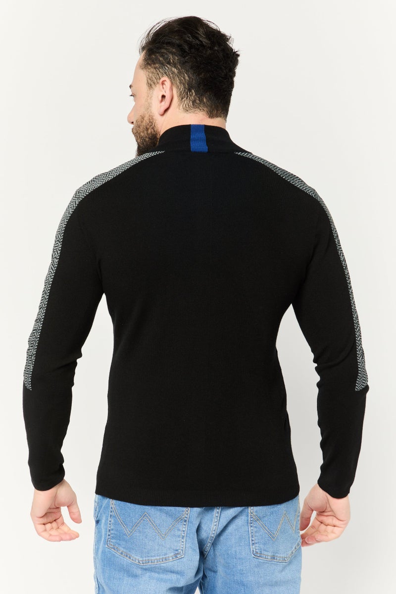 PERRY ELLIS سويت شيرت رجالي بياقة مزيفة بتفاصيل شيفرون بسحاب ربع، أسود - Image 4