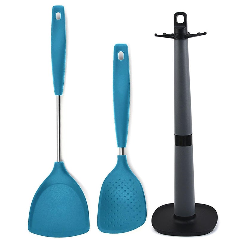 P-Plus International Steel Serving Spoons - Rice Server - Rice Punja - Non-Stick Rice Spoon - Dosa Spatula for Non Stick Pan - Kitchen Spatula - Nonstick Spatula - Cooking Spoon Holder(Set of 3, Blue) - Image 1