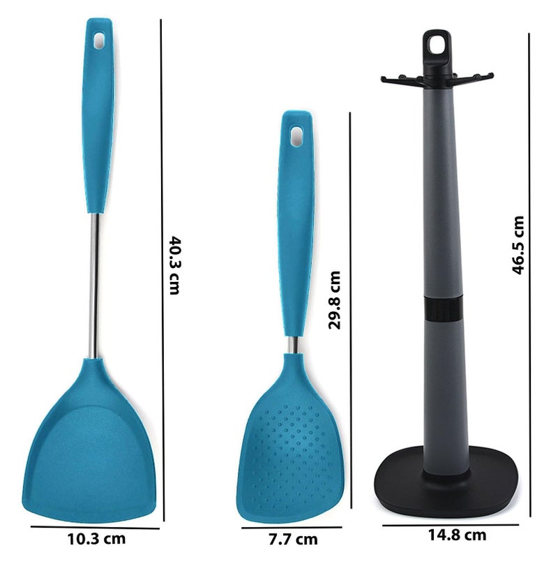 P-Plus International Steel Serving Spoons - Rice Server - Rice Punja - Non-Stick Rice Spoon - Dosa Spatula for Non Stick Pan - Kitchen Spatula - Nonstick Spatula - Cooking Spoon Holder(Set of 3, Blue) - Image 2