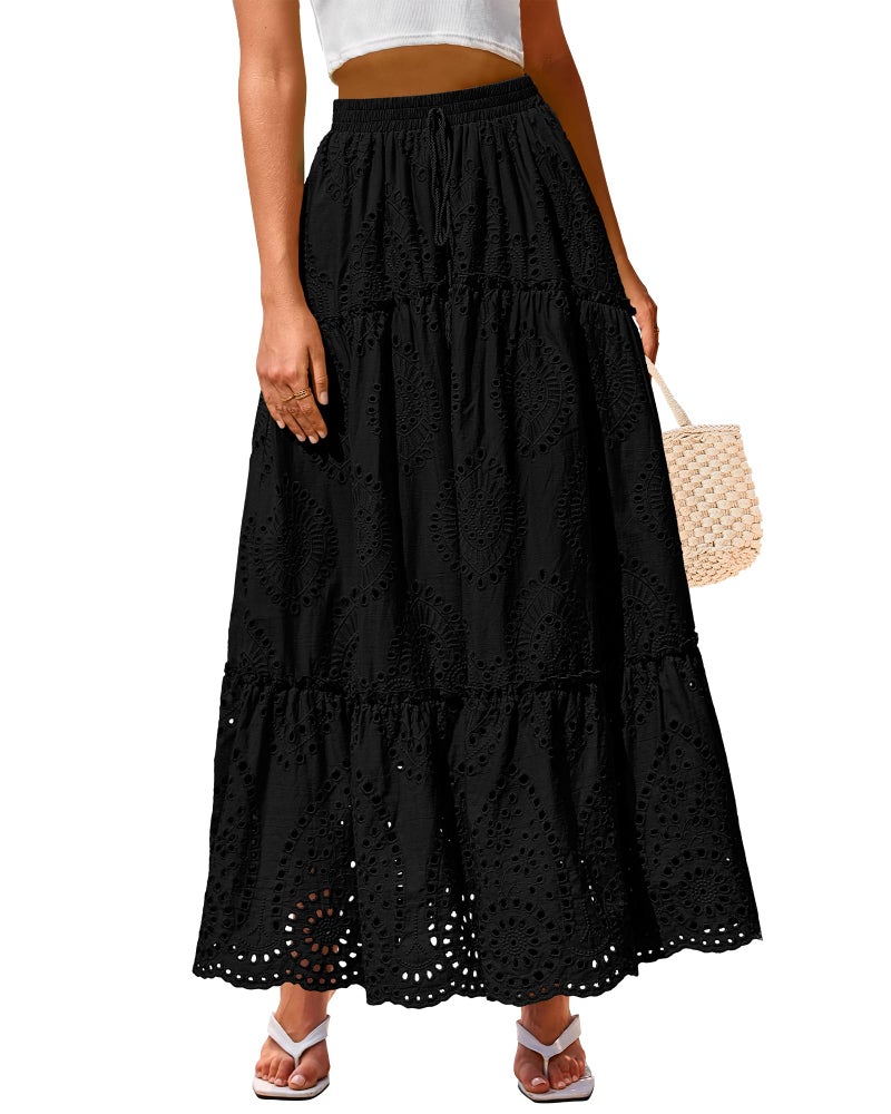 BTFBM Boho Long Skirts for Women Spring Summer 2026 Lace Embroidery High Waist Flowy Tiered Maxi Skirt Beach Vacation(Black, Large) - Image 1