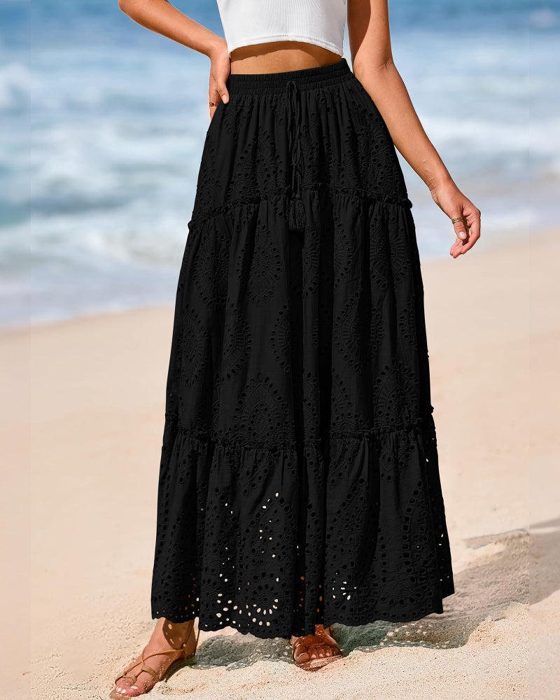 BTFBM Boho Long Skirts for Women Spring Summer 2026 Lace Embroidery High Waist Flowy Tiered Maxi Skirt Beach Vacation(Black, Large) - Image 4