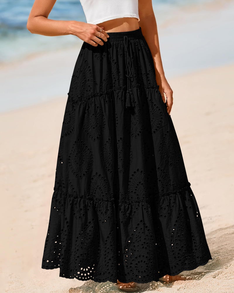 BTFBM Boho Long Skirts for Women Spring Summer 2026 Lace Embroidery High Waist Flowy Tiered Maxi Skirt Beach Vacation(Black, Large) - Image 5