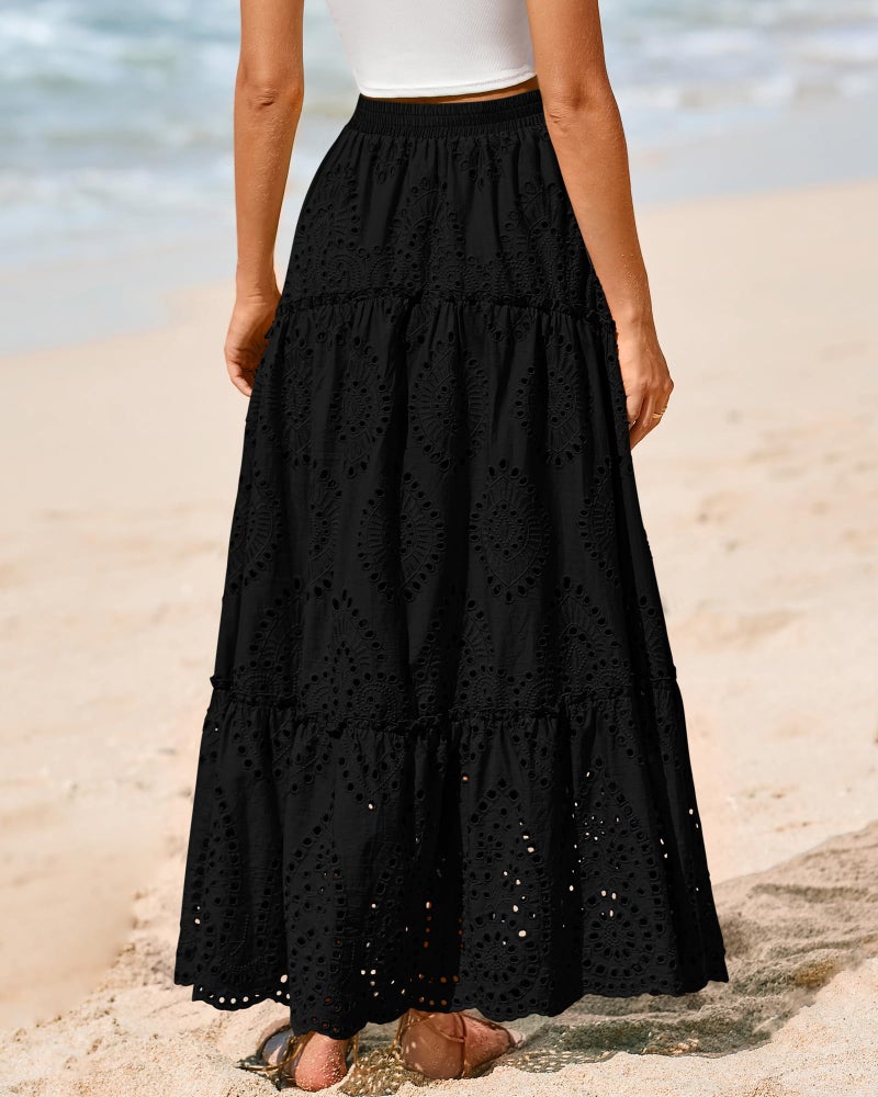 BTFBM Boho Long Skirts for Women Spring Summer 2026 Lace Embroidery High Waist Flowy Tiered Maxi Skirt Beach Vacation(Black, Large) - Image 3