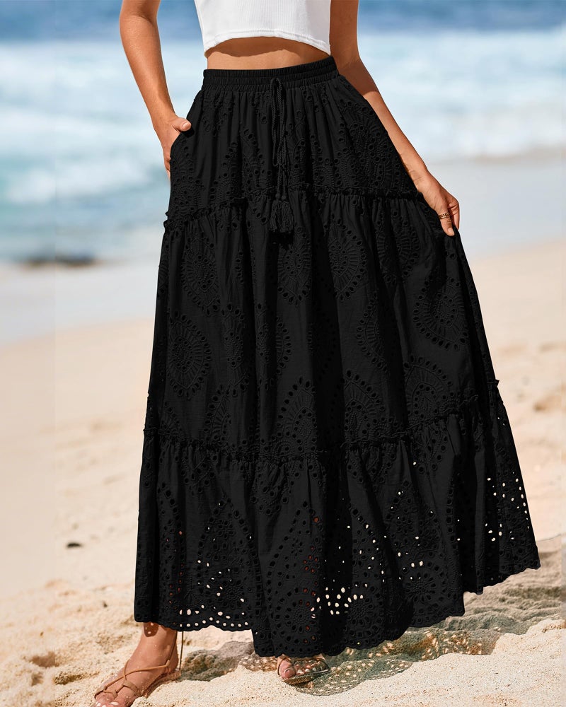 BTFBM Boho Long Skirts for Women Spring Summer 2026 Lace Embroidery High Waist Flowy Tiered Maxi Skirt Beach Vacation(Black, Large) - Image 2