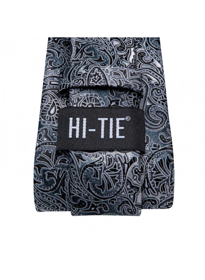 Hi-Tie Men 63inches Tie Set Extra Long Necktie Paisley Tie Pocket Suqare Cufflinks Big and Tall Men Tie,Black Grey - Image 4