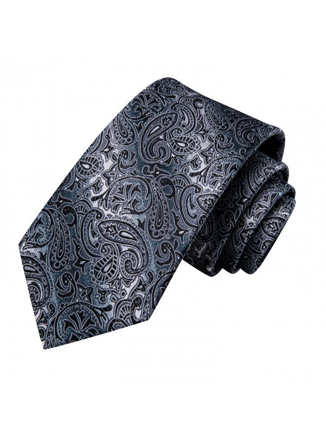 Hi-Tie Men 63inches Tie Set Extra Long Necktie Paisley Tie Pocket Suqare Cufflinks Big and Tall Men Tie,Black Grey - Image 3