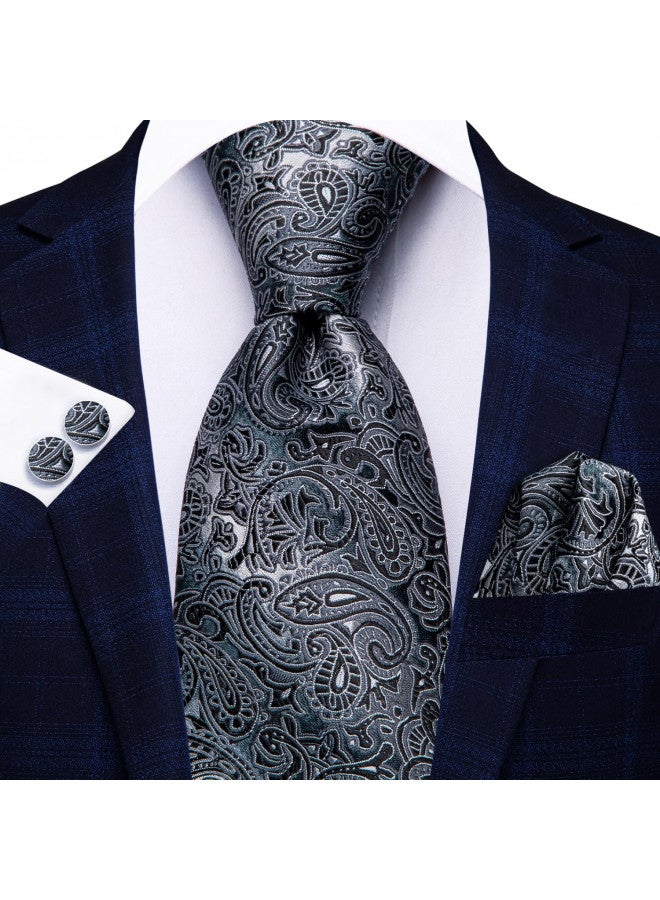 Hi-Tie Men 63inches Tie Set Extra Long Necktie Paisley Tie Pocket Suqare Cufflinks Big and Tall Men Tie,Black Grey - Image 2