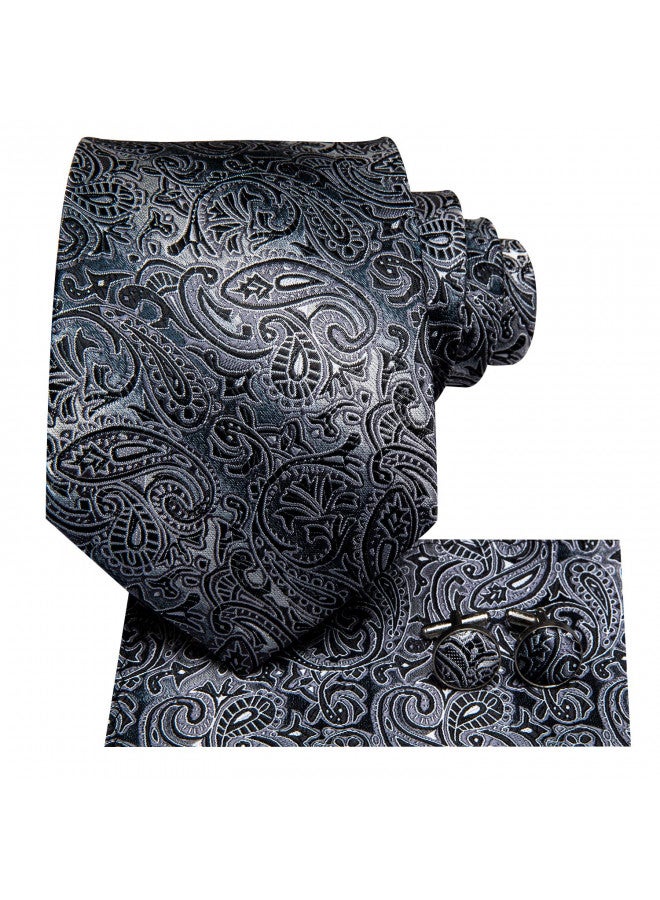 Hi-Tie Men 63inches Tie Set Extra Long Necktie Paisley Tie Pocket Suqare Cufflinks Big and Tall Men Tie,Black Grey - Image 1