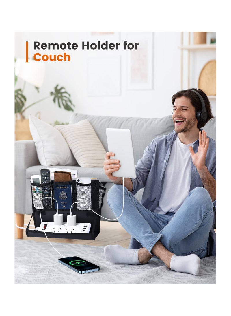 Bedside Caddy with Power Strip Holder, 6-Pocket Hanging Organizer for Remotes, Magazines, Phones & Tablets - Multi-functional Storage Solution (Black) - Image 5